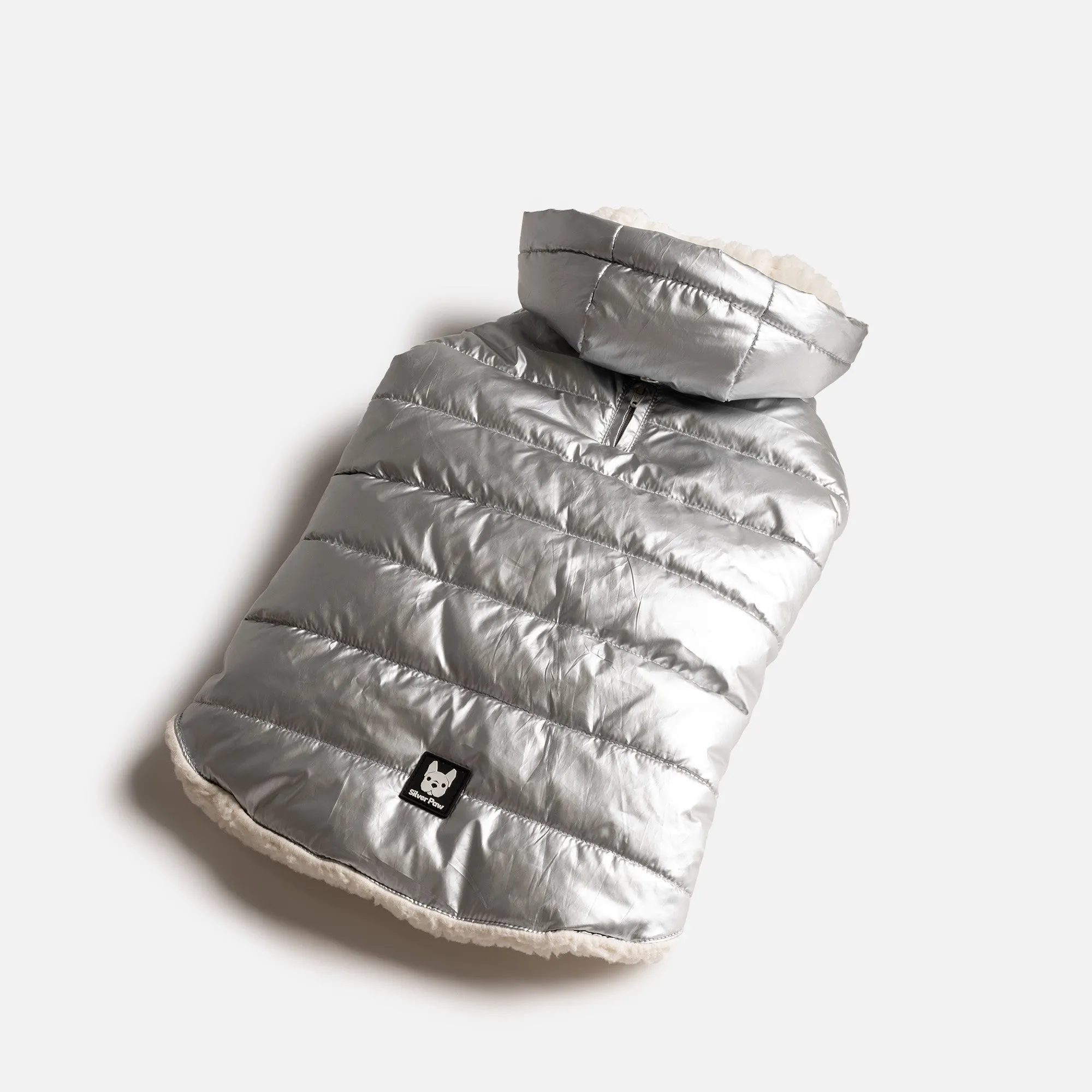 ✨ Emma Dog Jacket – Shiny Silver Water-Resistant Winter Coat with Sherpa Lining