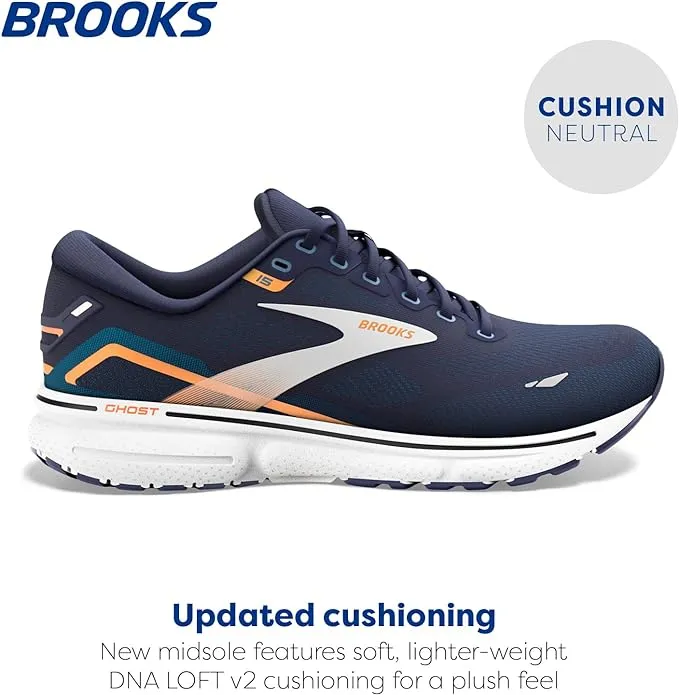 1103931D439 BROOKS MEN GHOST 15 RUNNING SHOE, SIZE 11.5, PEACOAT/BLUE/ORANGE POP - Like New
