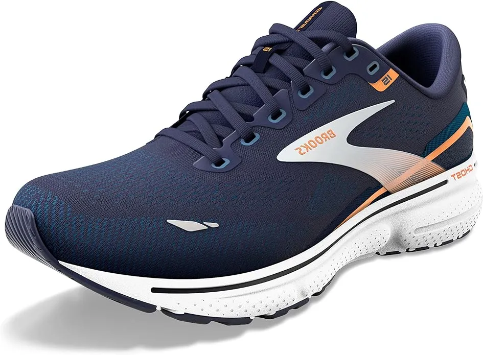 1103931D439 BROOKS MEN GHOST 15 RUNNING SHOE, SIZE 11.5, PEACOAT/BLUE/ORANGE POP - Like New