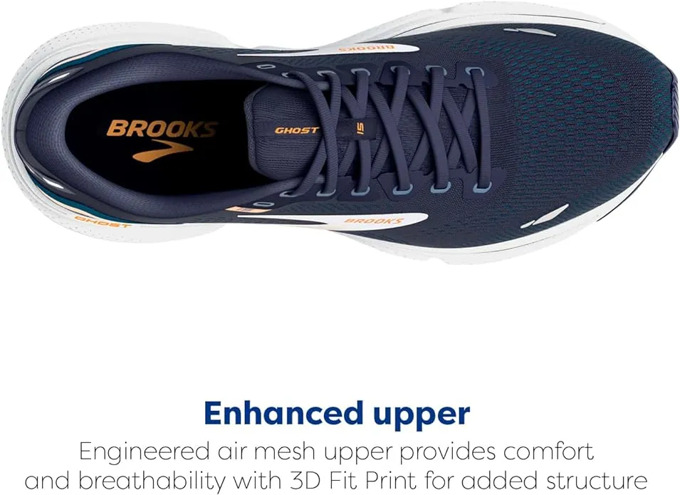 1103931D439 BROOKS MEN GHOST 15 RUNNING SHOE, SIZE 13, PEACOAT/BLUE/ORANGE POP - Like New