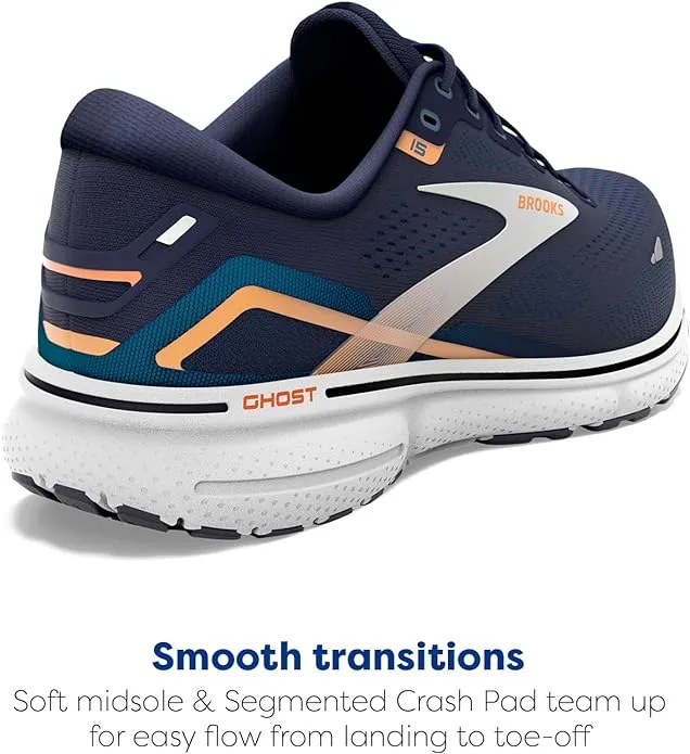 1103931D439 BROOKS MEN GHOST 15 RUNNING SHOE, SIZE 13, PEACOAT/BLUE/ORANGE POP - Like New