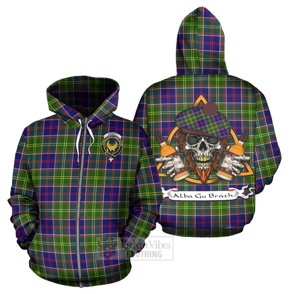 Arnott Tartan Hoodie with Family Crest and Bearded Skull Holding Bottles of Whiskey