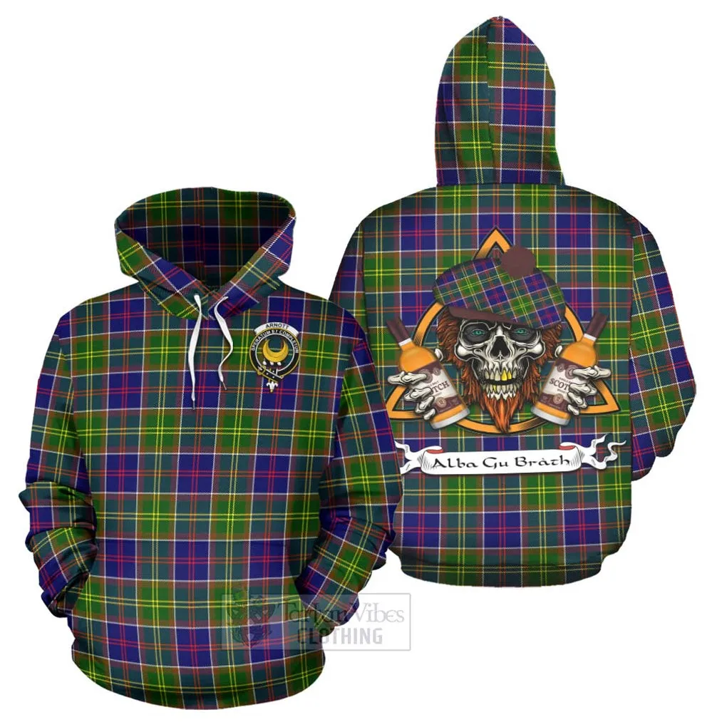 Arnott Tartan Hoodie with Family Crest and Bearded Skull Holding Bottles of Whiskey