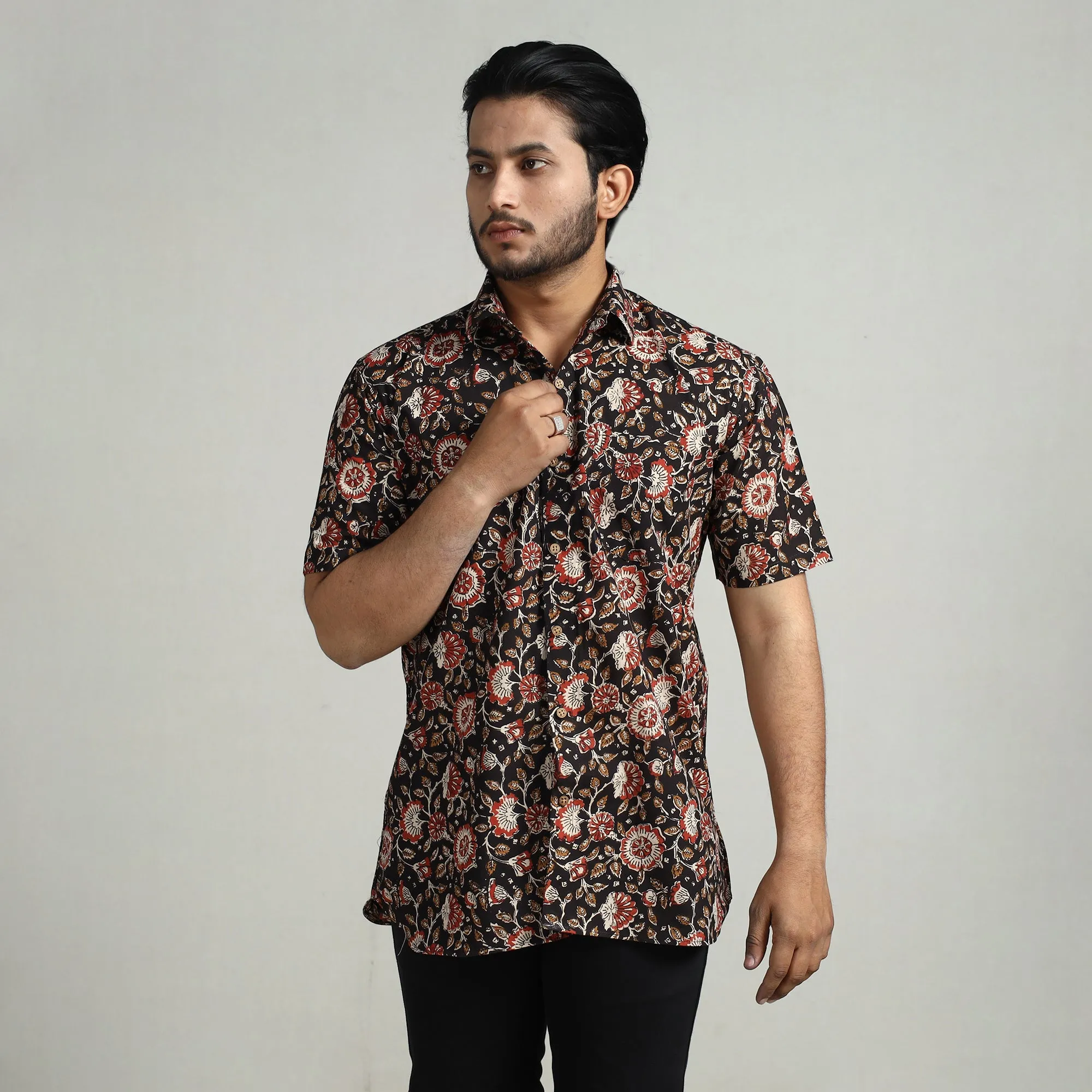 Black - Bagru Block Printed Cotton Men Half Sleeve Shirt