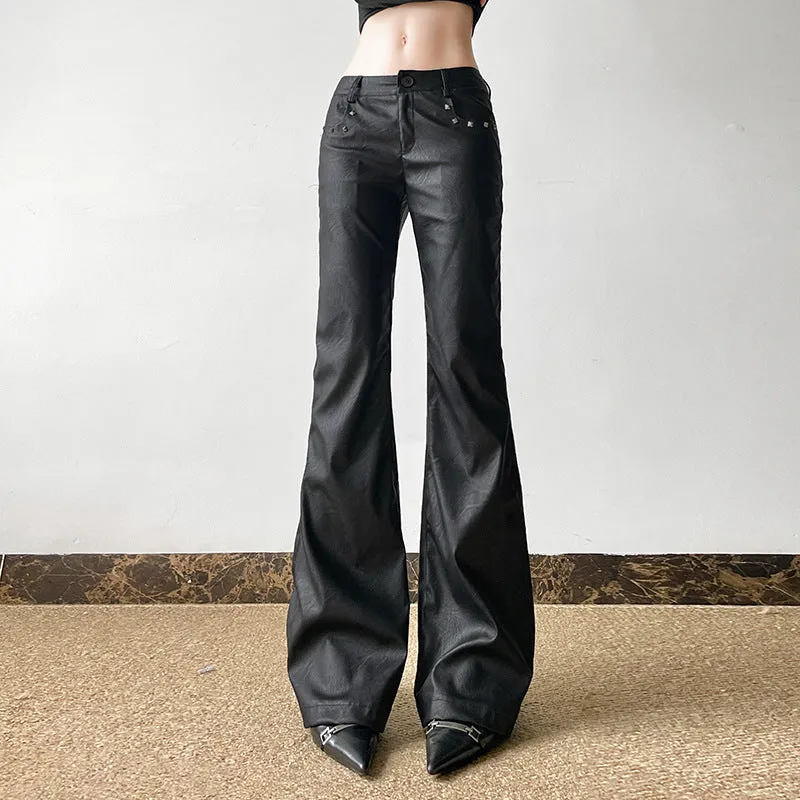 Bonnyshow barn jacket outfits Dark Sweet and Spicy Rivet Decorative Leather Casual Pants Sexy Low Waist Flared Pants 2024 American Street Shooting New Leather Pants