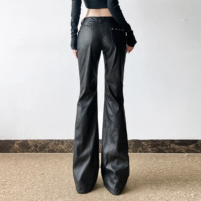 Bonnyshow barn jacket outfits Dark Sweet and Spicy Rivet Decorative Leather Casual Pants Sexy Low Waist Flared Pants 2024 American Street Shooting New Leather Pants