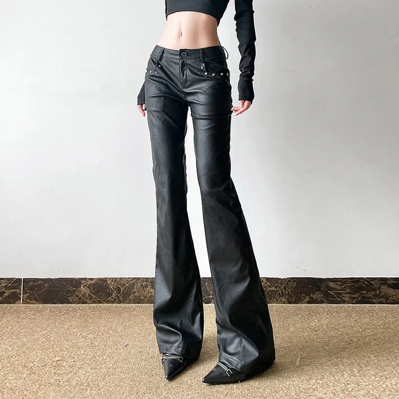 Bonnyshow barn jacket outfits Dark Sweet and Spicy Rivet Decorative Leather Casual Pants Sexy Low Waist Flared Pants 2024 American Street Shooting New Leather Pants
