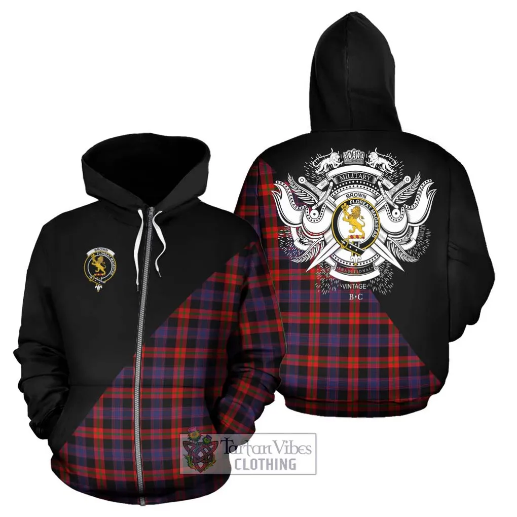 Brown (Broun) Tartan Hoodie with Family Crest and Military Logo Style