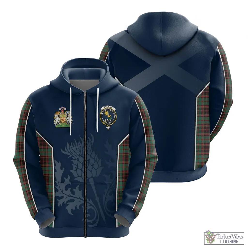 Buchan Ancient Tartan Hoodie with Family Crest and Scottish Thistle Vibes Sport Style