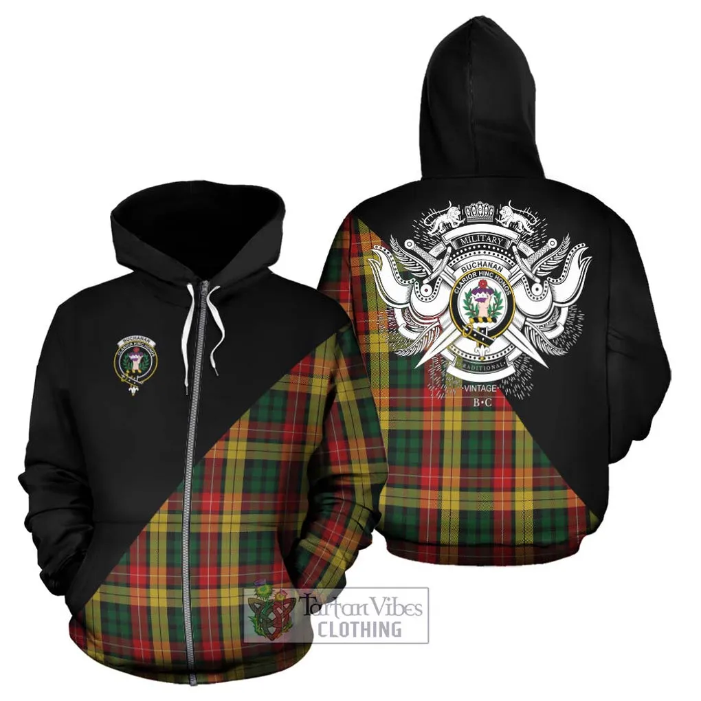 Buchanan Tartan Hoodie with Family Crest and Military Logo Style