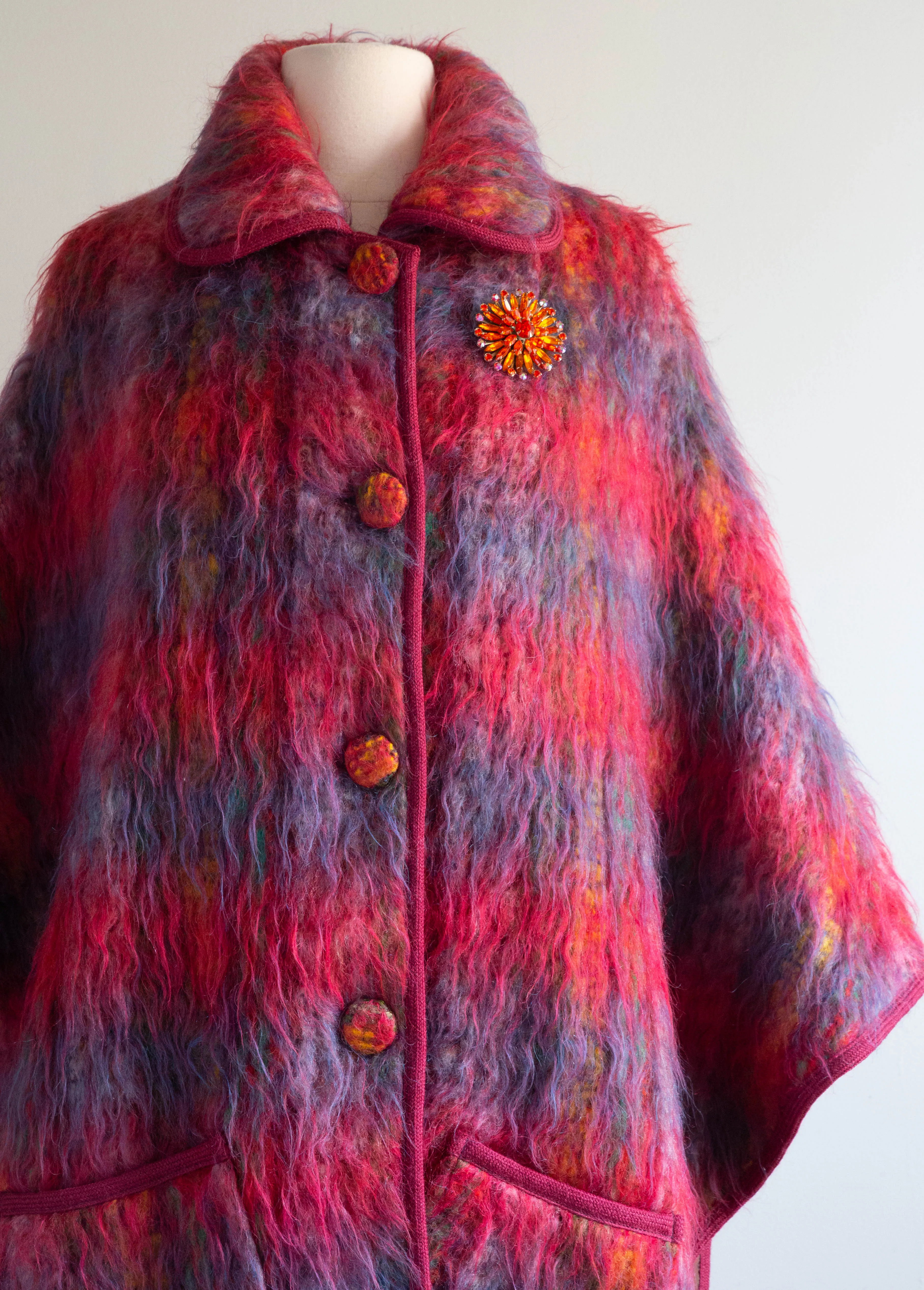 Fabulous 70's Rainbow Shaggy Wool Pile Cape From England / Medium