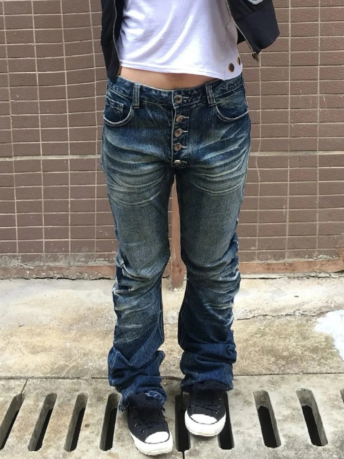 Joskaa winter outfits men American Vibe plus Size Washed Distressed Micro Flared Jeans Women's Hot Girl Breasted Straight Drop Pants