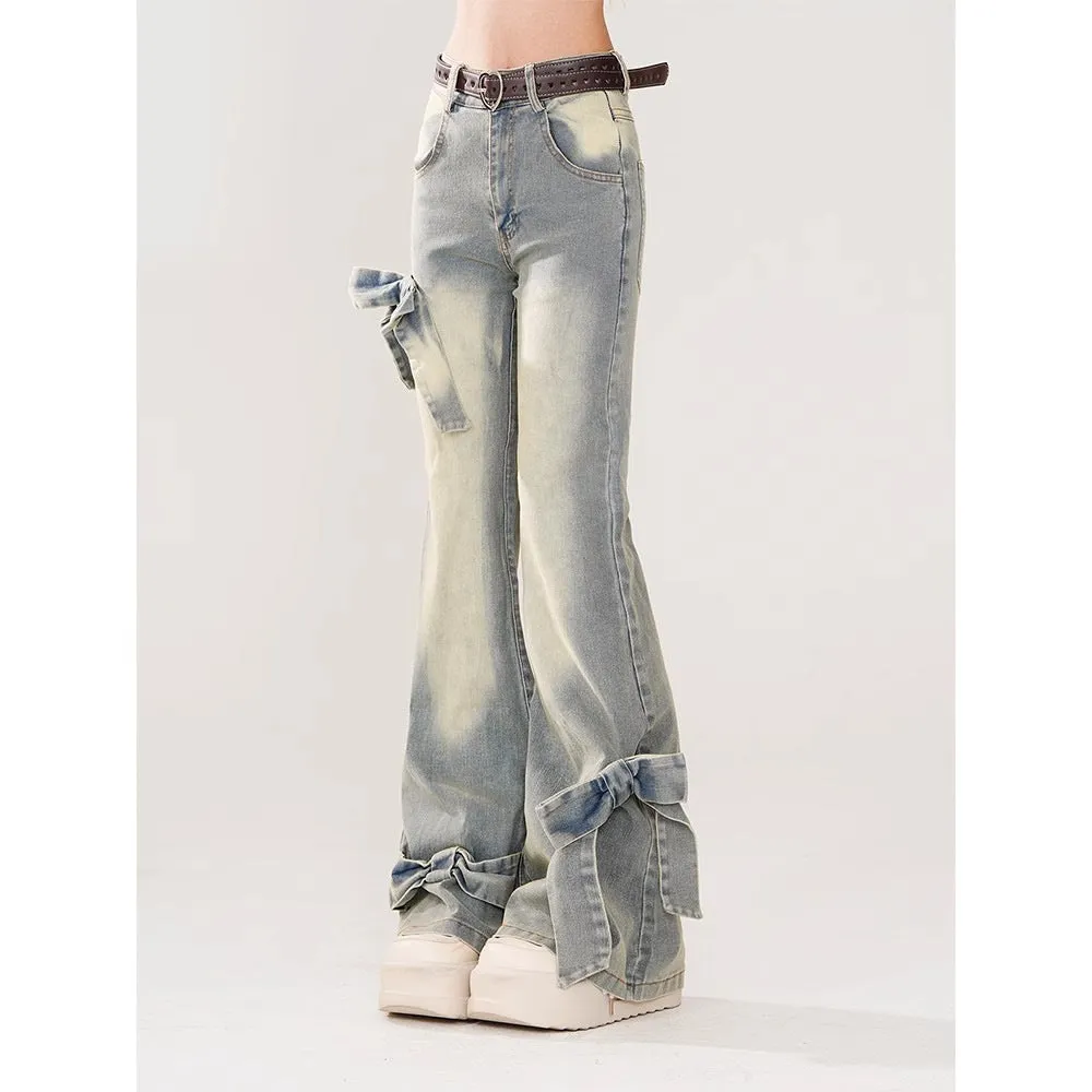 Joskaa y2k American Style Retro Bow Micro Flared Jeans for Women 2024 New Summer High Waist Mopping Pants Fashion
