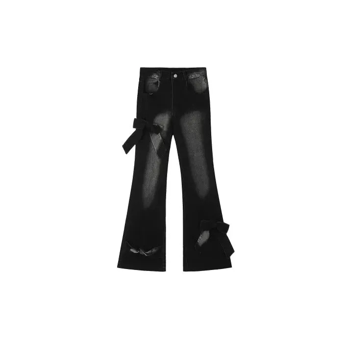 Joskaa y2k American Style Retro Bow Micro Flared Jeans for Women 2024 New Summer High Waist Mopping Pants Fashion