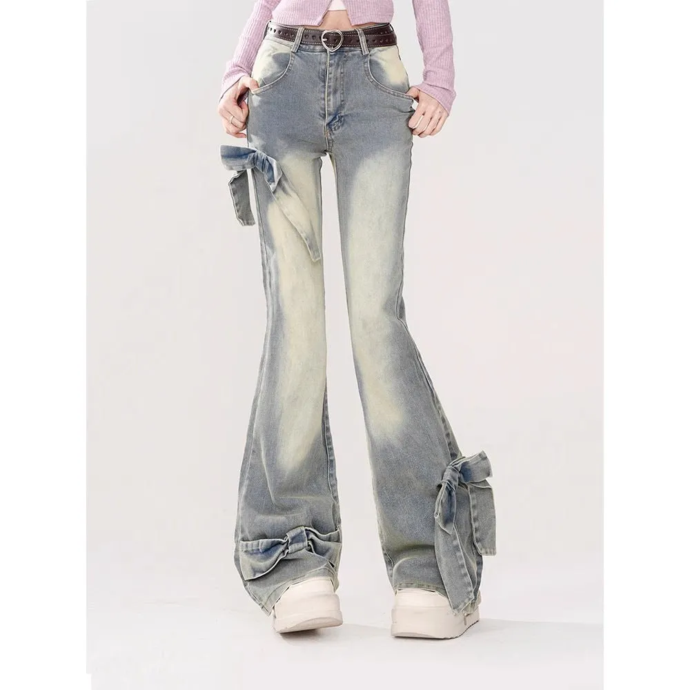 Joskaa y2k American Style Retro Bow Micro Flared Jeans for Women 2024 New Summer High Waist Mopping Pants Fashion