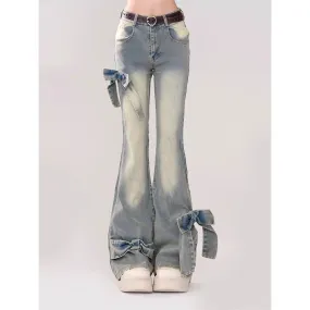 Joskaa y2k American Style Retro Bow Micro Flared Jeans for Women 2024 New Summer High Waist Mopping Pants Fashion
