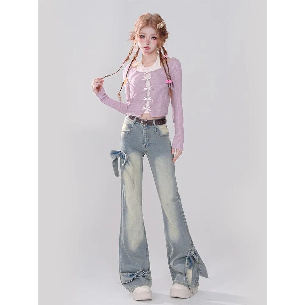 Joskaa y2k American Style Retro Bow Micro Flared Jeans for Women 2024 New Summer High Waist Mopping Pants Fashion