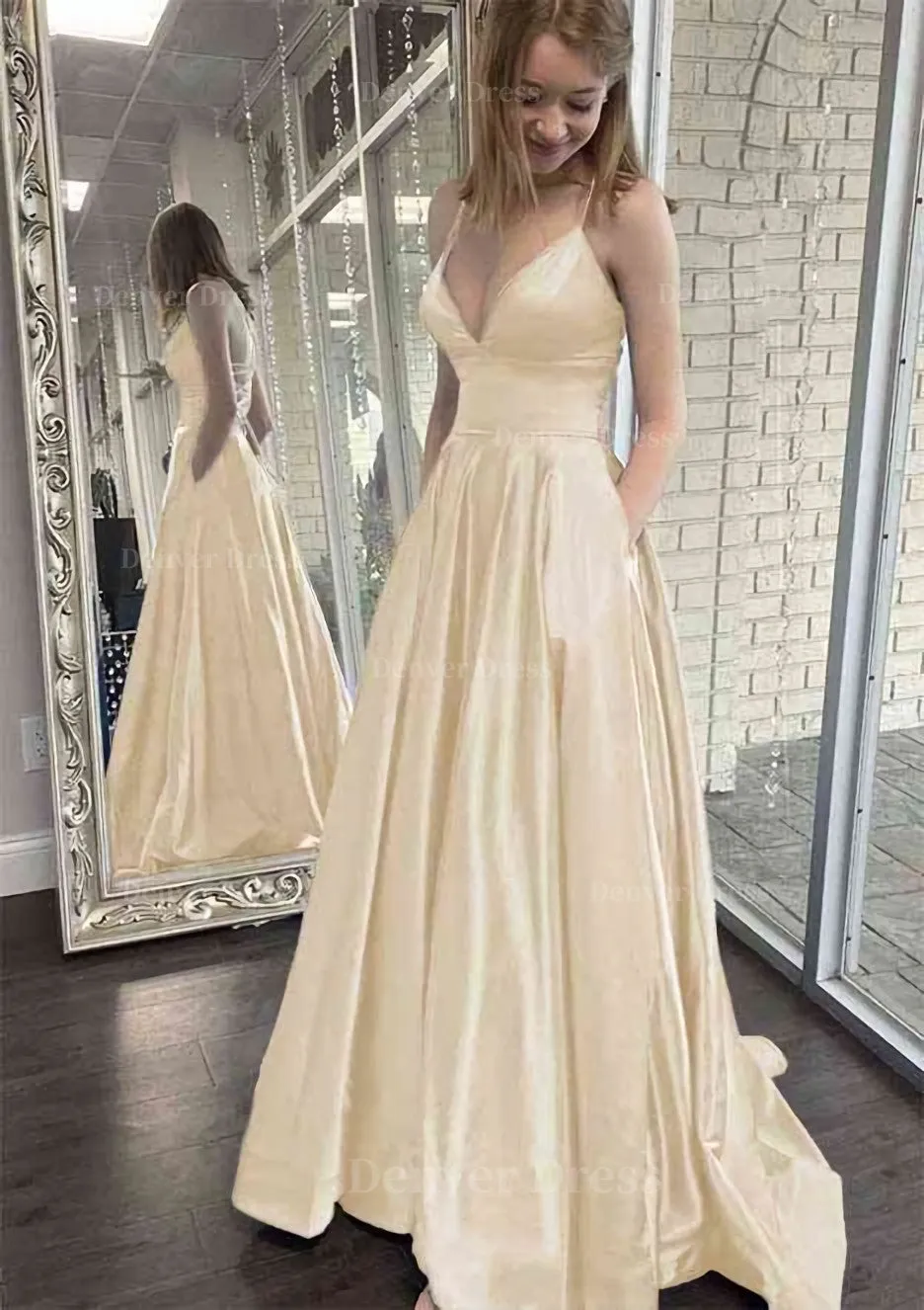kamahe A-line V Neck Spaghetti Straps Sweep Train Charmeuse Prom Dress With Pockets
