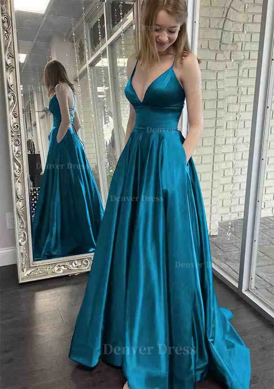kamahe A-line V Neck Spaghetti Straps Sweep Train Charmeuse Prom Dress With Pockets