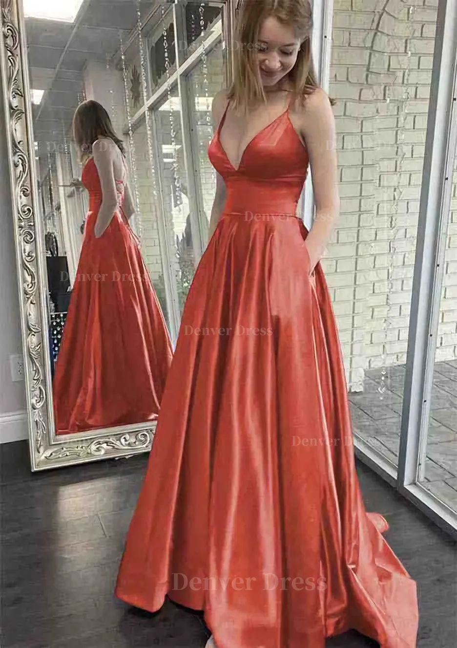 kamahe A-line V Neck Spaghetti Straps Sweep Train Charmeuse Prom Dress With Pockets