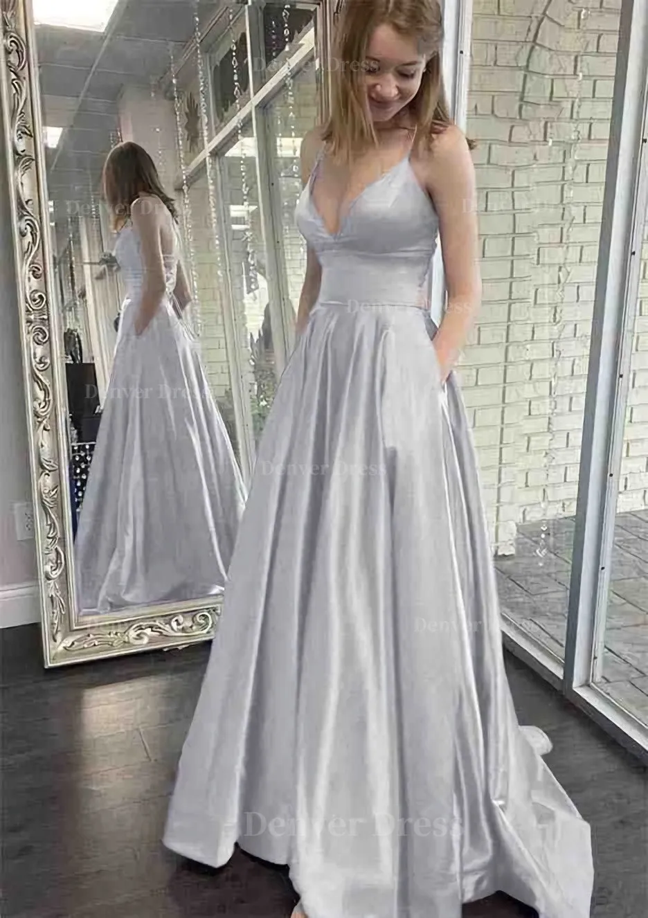 kamahe A-line V Neck Spaghetti Straps Sweep Train Charmeuse Prom Dress With Pockets