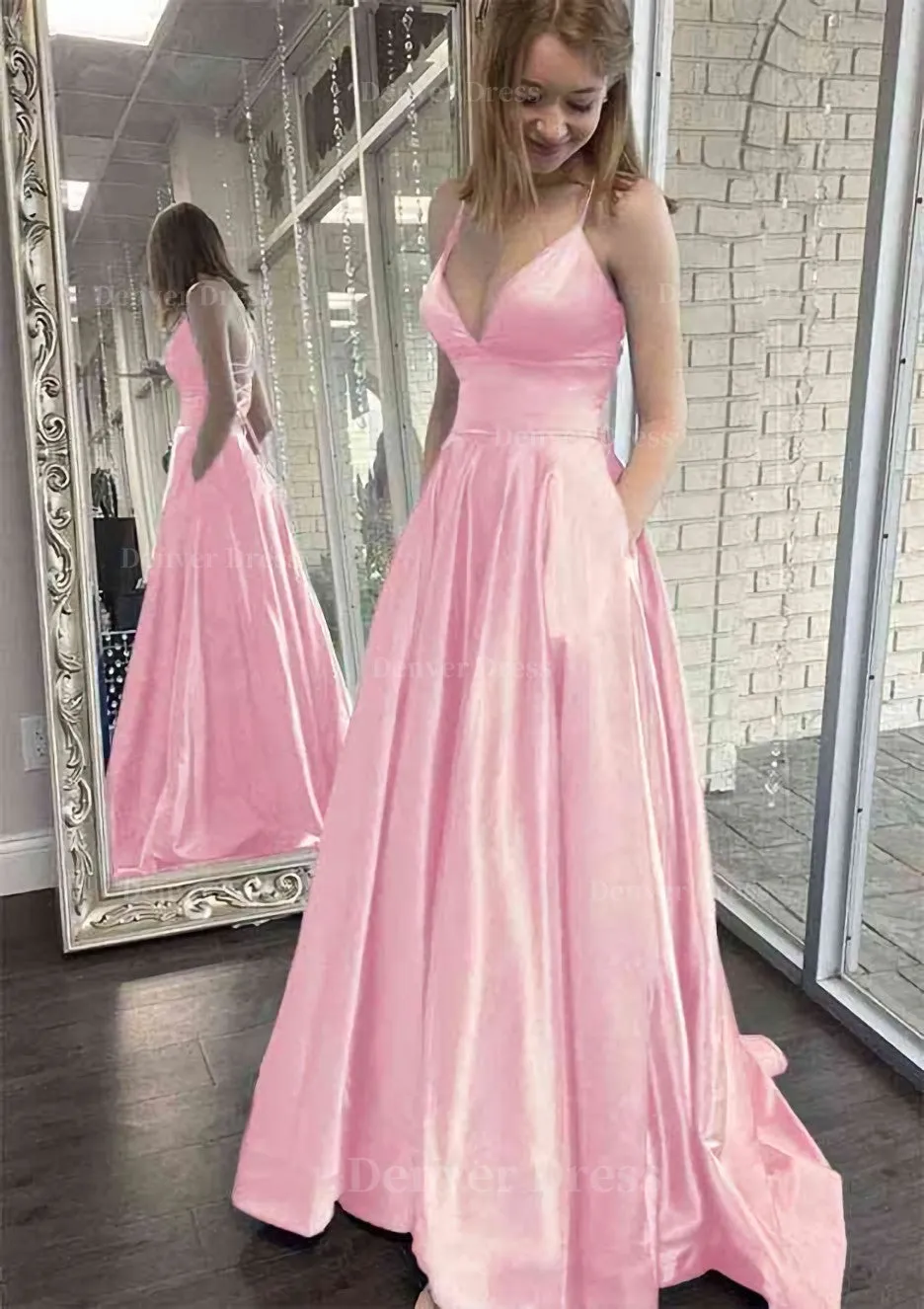 kamahe A-line V Neck Spaghetti Straps Sweep Train Charmeuse Prom Dress With Pockets