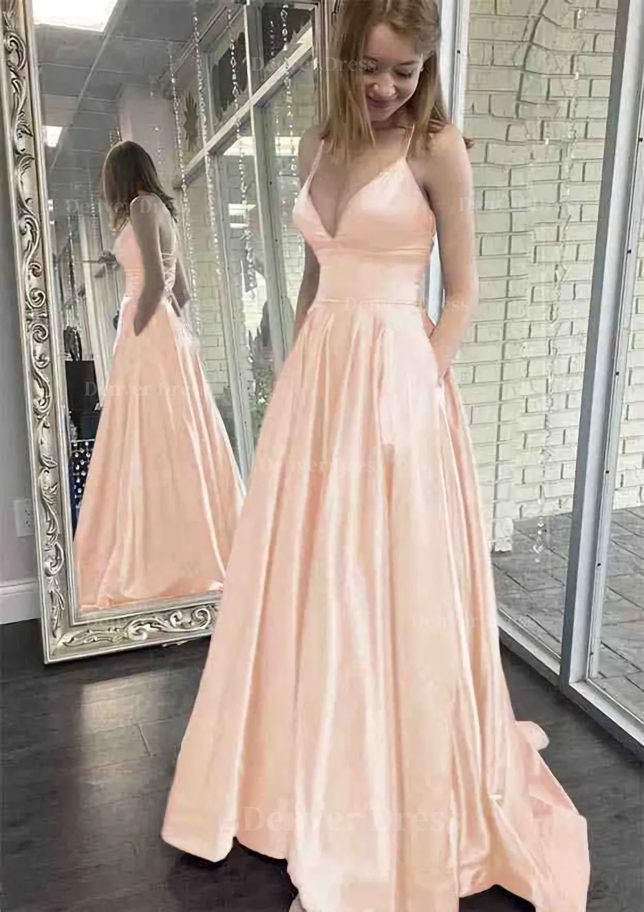 kamahe A-line V Neck Spaghetti Straps Sweep Train Charmeuse Prom Dress With Pockets