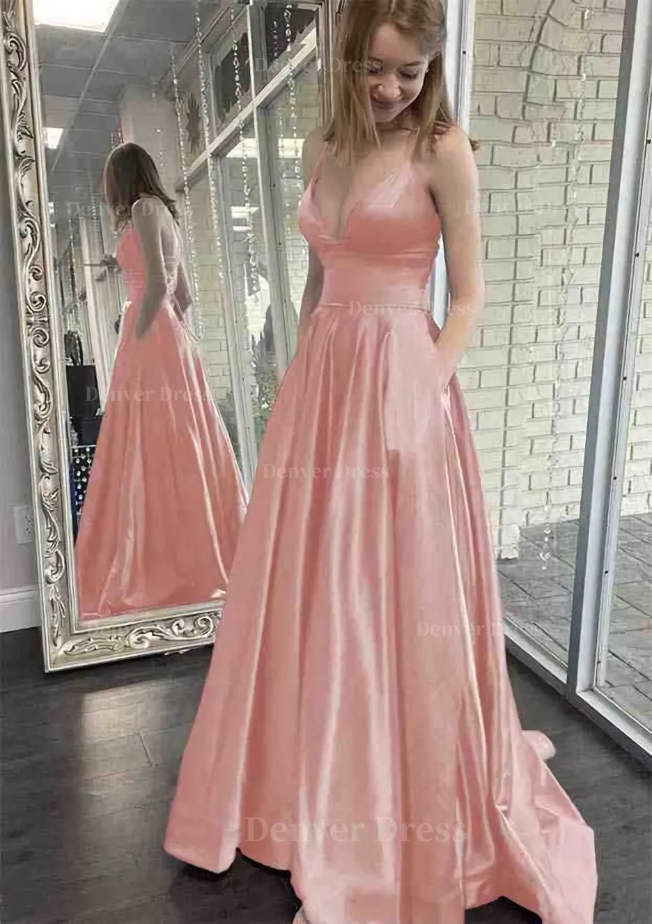 kamahe A-line V Neck Spaghetti Straps Sweep Train Charmeuse Prom Dress With Pockets