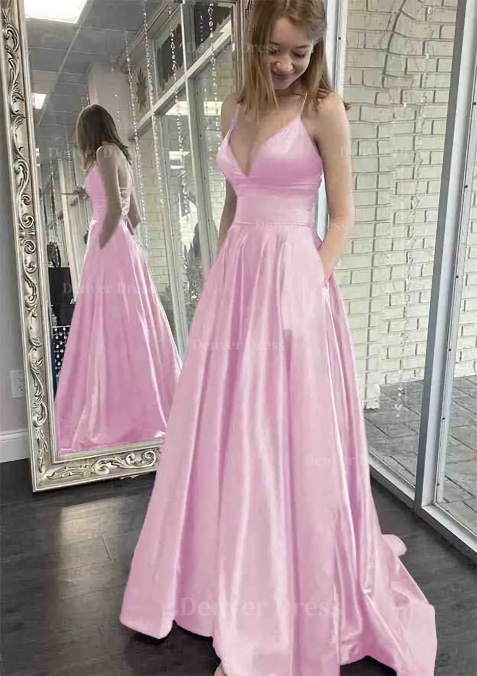 kamahe A-line V Neck Spaghetti Straps Sweep Train Charmeuse Prom Dress With Pockets