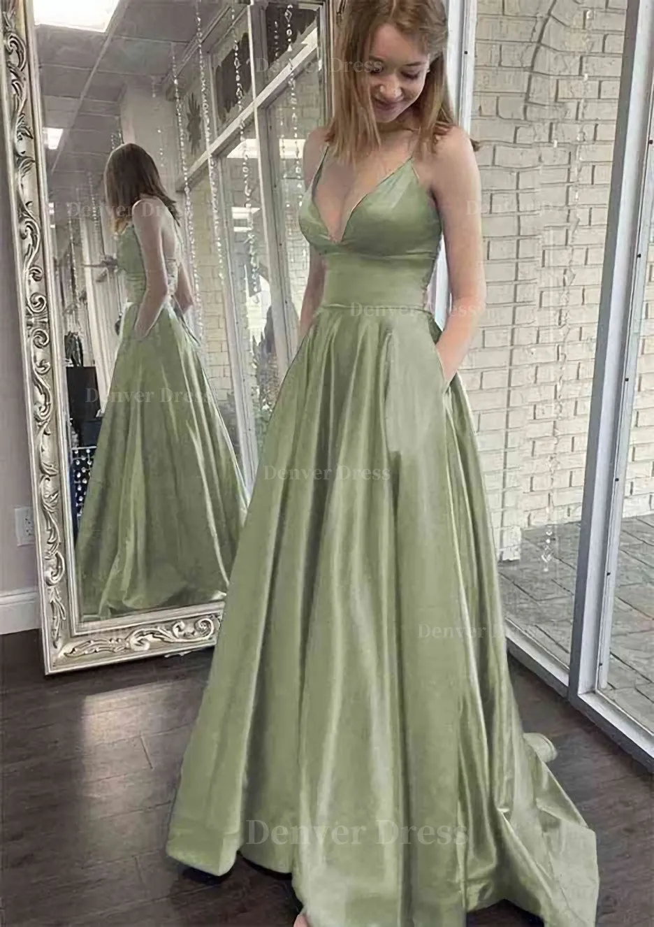 kamahe A-line V Neck Spaghetti Straps Sweep Train Charmeuse Prom Dress With Pockets