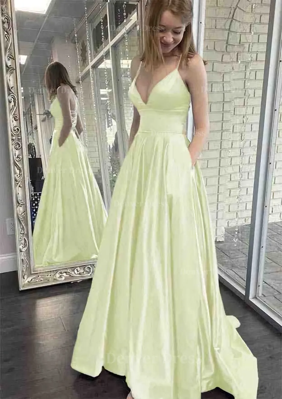 kamahe A-line V Neck Spaghetti Straps Sweep Train Charmeuse Prom Dress With Pockets