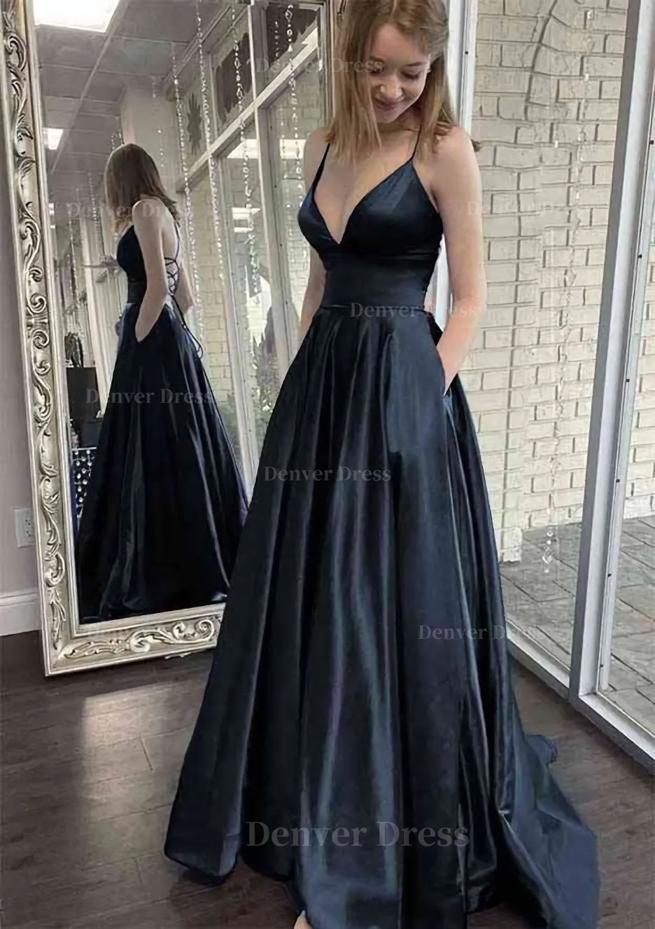 kamahe A-line V Neck Spaghetti Straps Sweep Train Charmeuse Prom Dress With Pockets