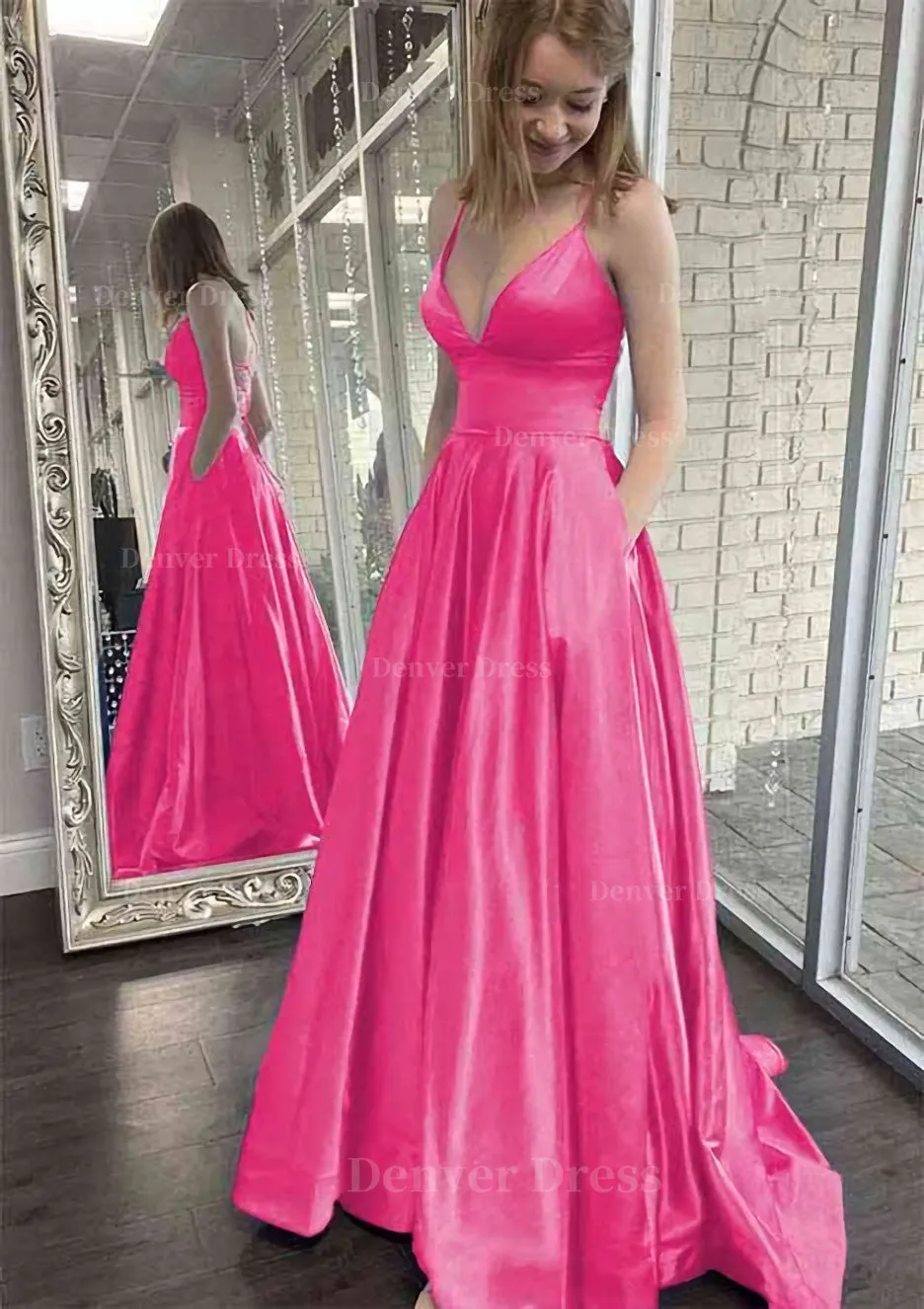 kamahe A-line V Neck Spaghetti Straps Sweep Train Charmeuse Prom Dress With Pockets