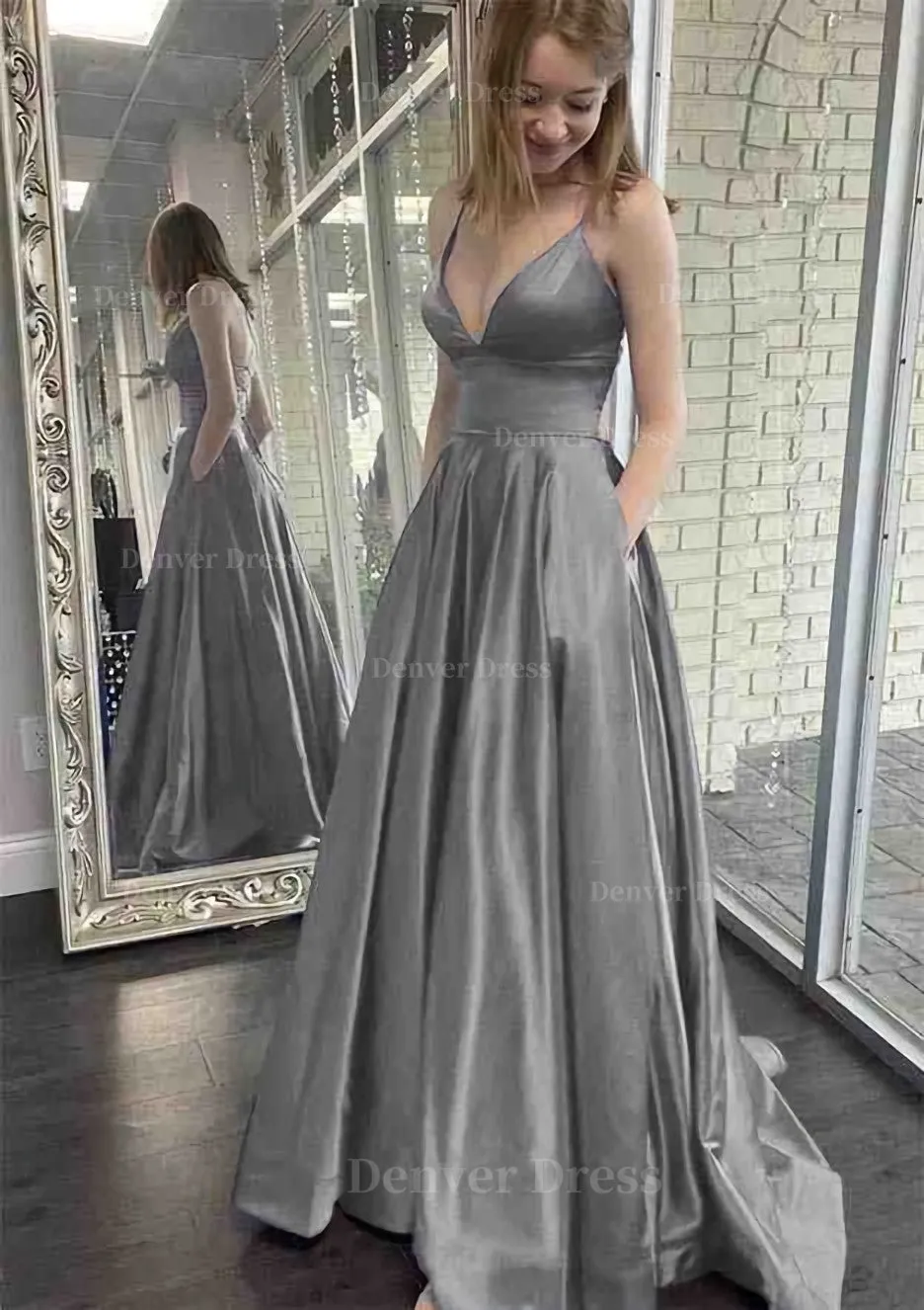 kamahe A-line V Neck Spaghetti Straps Sweep Train Charmeuse Prom Dress With Pockets