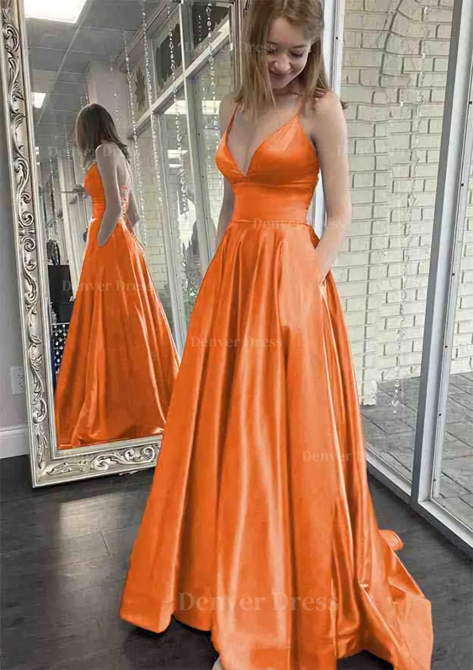 kamahe A-line V Neck Spaghetti Straps Sweep Train Charmeuse Prom Dress With Pockets