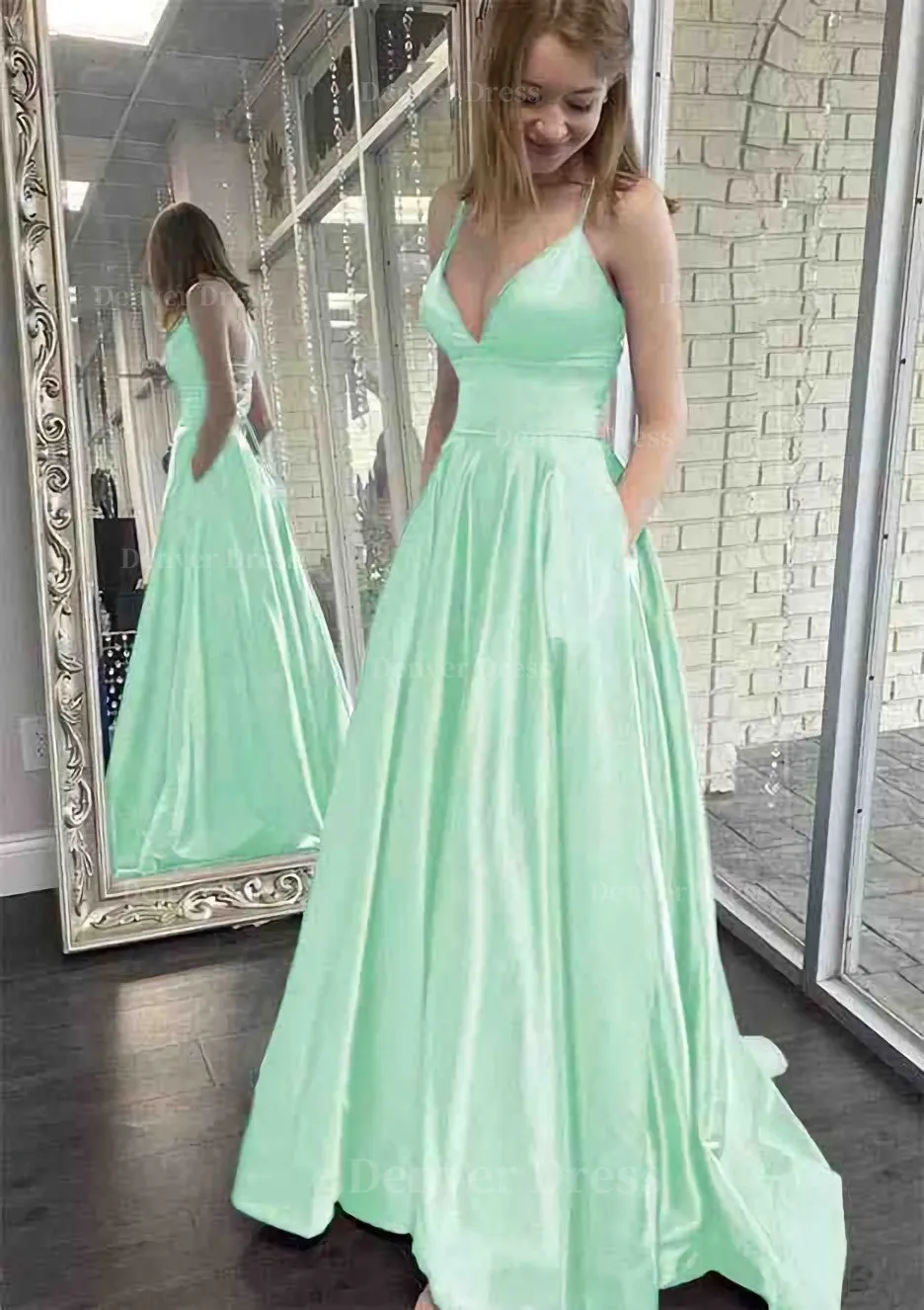 kamahe A-line V Neck Spaghetti Straps Sweep Train Charmeuse Prom Dress With Pockets