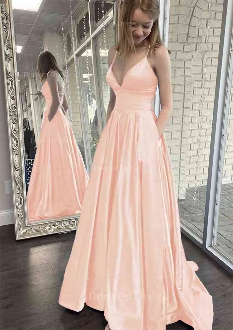 kamahe A-line V Neck Spaghetti Straps Sweep Train Charmeuse Prom Dress With Pockets