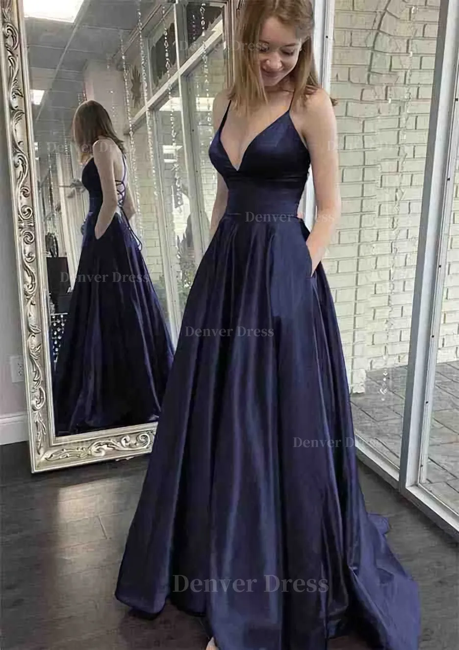 kamahe A-line V Neck Spaghetti Straps Sweep Train Charmeuse Prom Dress With Pockets