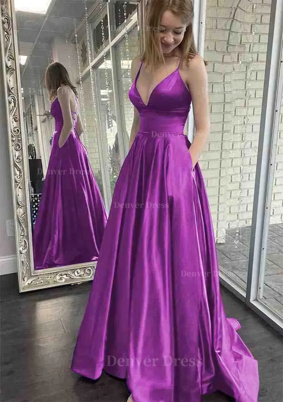 kamahe A-line V Neck Spaghetti Straps Sweep Train Charmeuse Prom Dress With Pockets