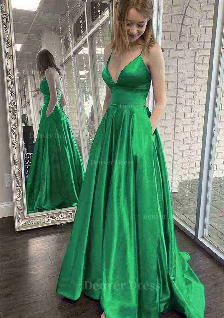 kamahe A-line V Neck Spaghetti Straps Sweep Train Charmeuse Prom Dress With Pockets