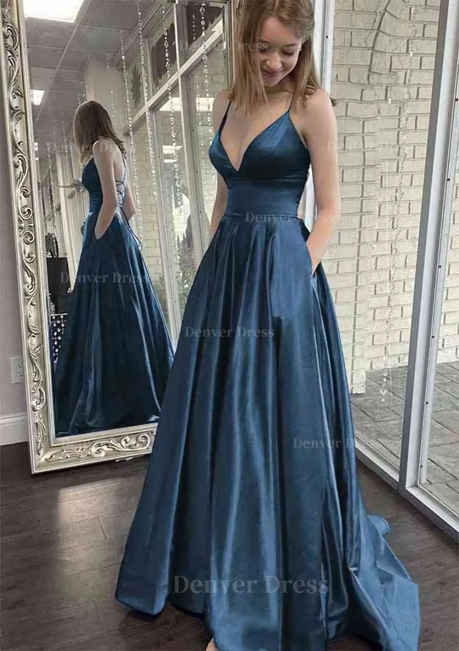 kamahe A-line V Neck Spaghetti Straps Sweep Train Charmeuse Prom Dress With Pockets