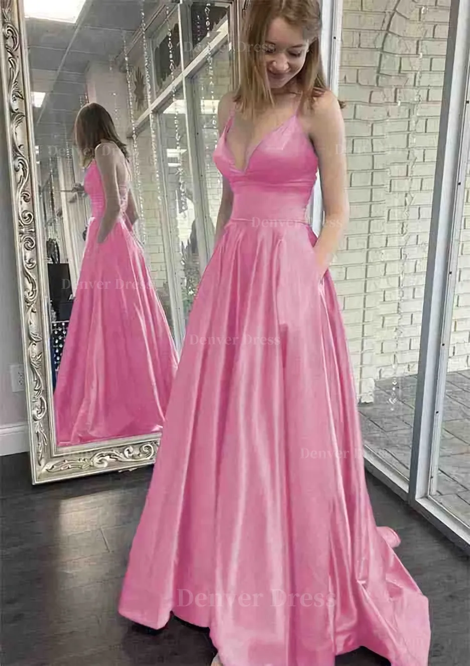 kamahe A-line V Neck Spaghetti Straps Sweep Train Charmeuse Prom Dress With Pockets