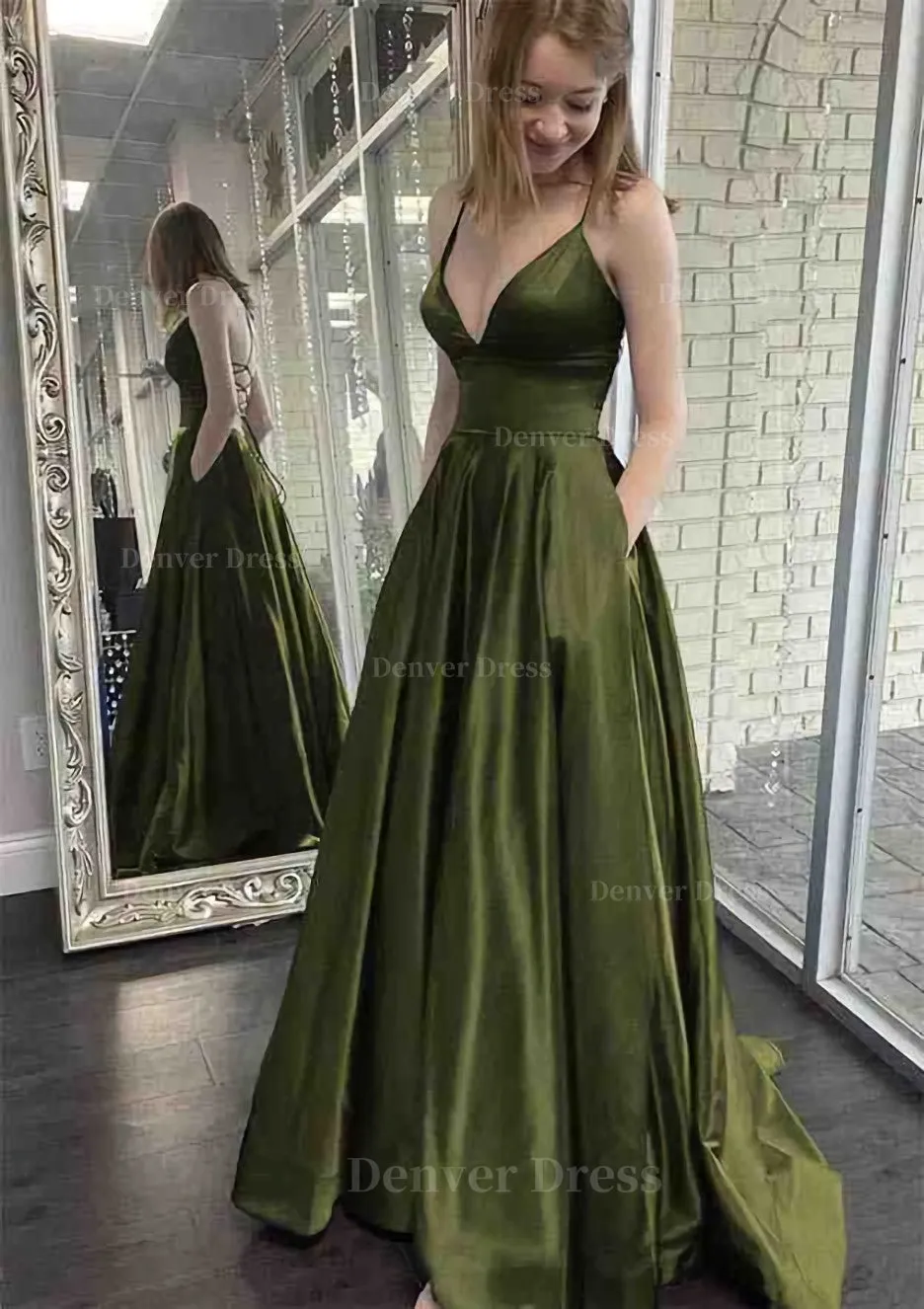 kamahe A-line V Neck Spaghetti Straps Sweep Train Charmeuse Prom Dress With Pockets