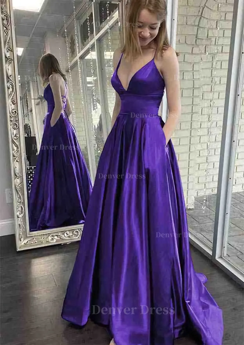 kamahe A-line V Neck Spaghetti Straps Sweep Train Charmeuse Prom Dress With Pockets