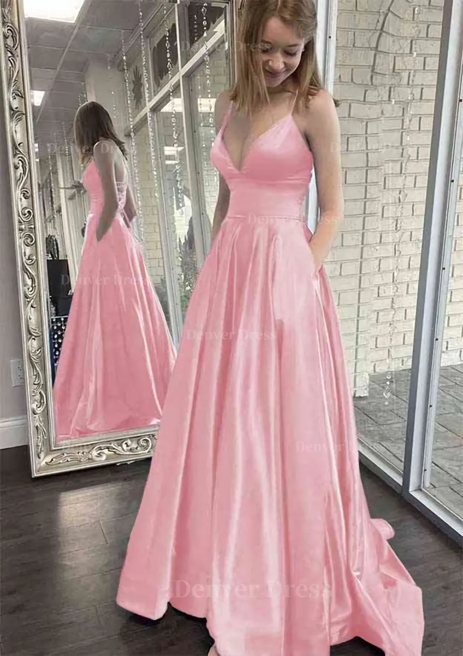 kamahe A-line V Neck Spaghetti Straps Sweep Train Charmeuse Prom Dress With Pockets