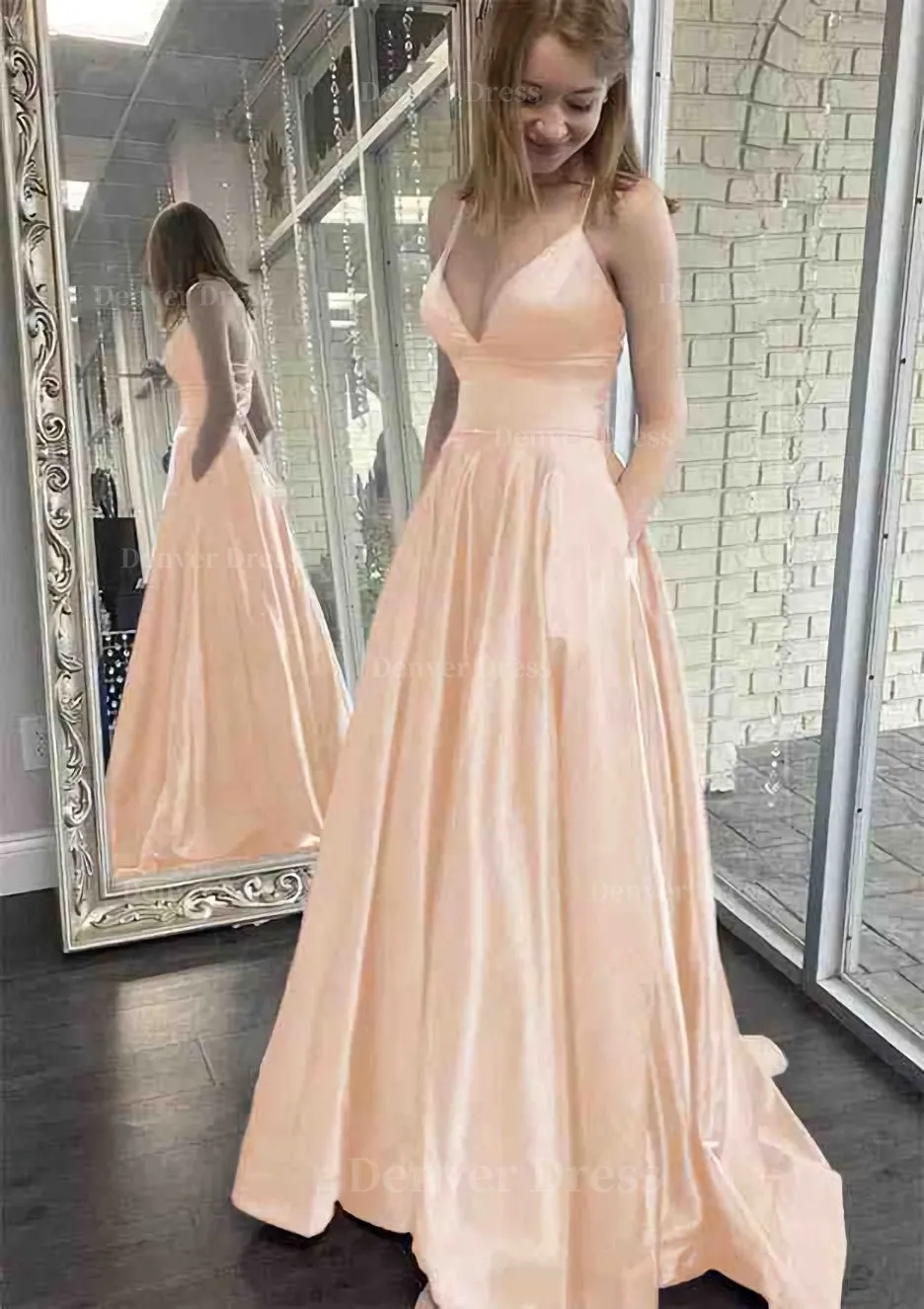 kamahe A-line V Neck Spaghetti Straps Sweep Train Charmeuse Prom Dress With Pockets
