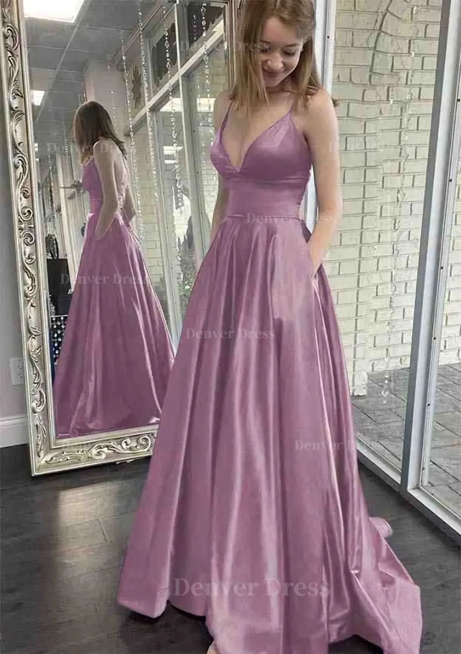 kamahe A-line V Neck Spaghetti Straps Sweep Train Charmeuse Prom Dress With Pockets