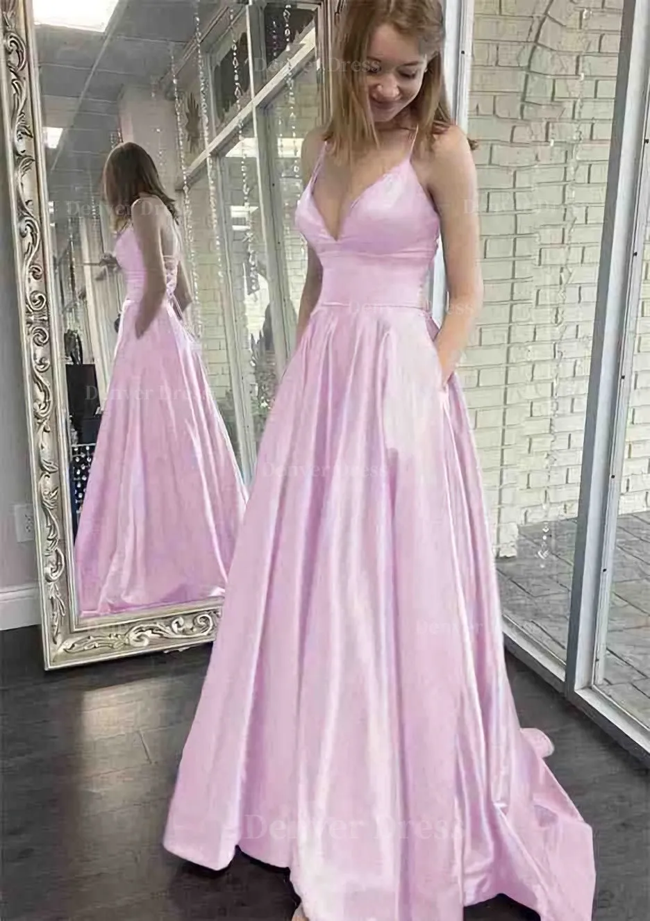 kamahe A-line V Neck Spaghetti Straps Sweep Train Charmeuse Prom Dress With Pockets