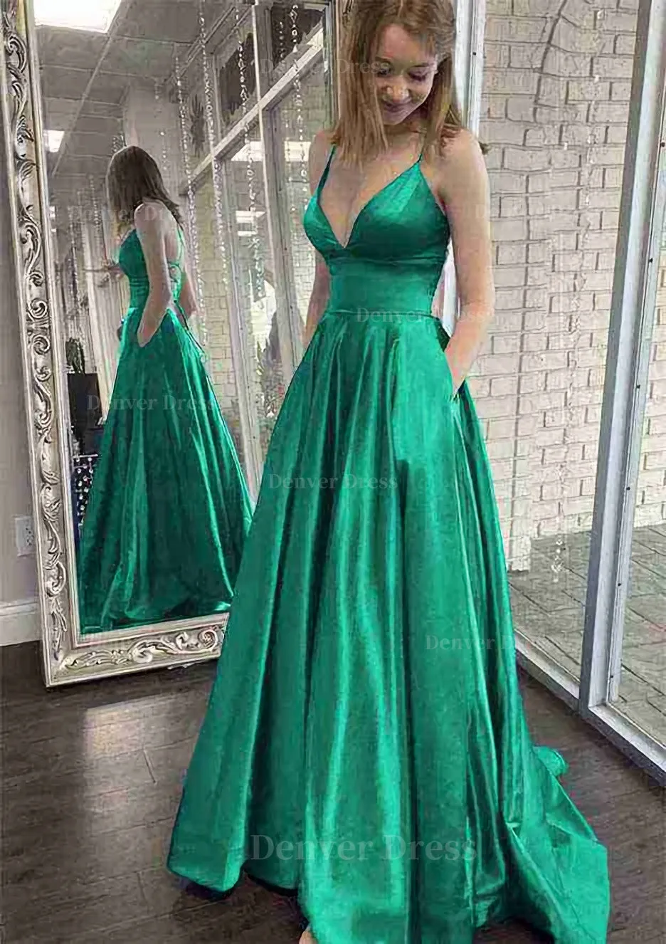 kamahe A-line V Neck Spaghetti Straps Sweep Train Charmeuse Prom Dress With Pockets
