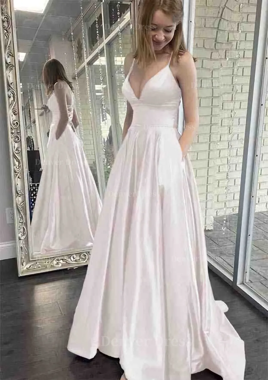 kamahe A-line V Neck Spaghetti Straps Sweep Train Charmeuse Prom Dress With Pockets